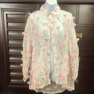Pink Flamingo Embroidered Sheer Blouse M